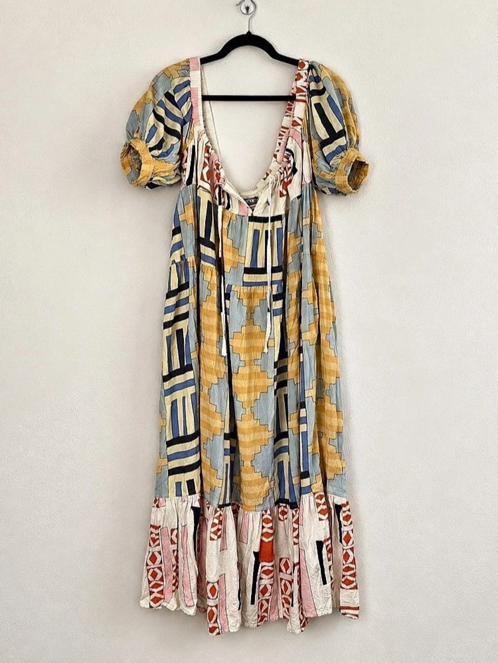 Kimchi Blue Size M O’Hara Peasant Midi Dress Geometric Linen Blend